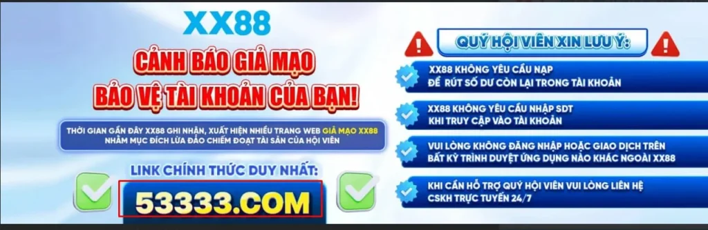 Banner XX88 cảnh báo đăng nhập tránh lừa đảo